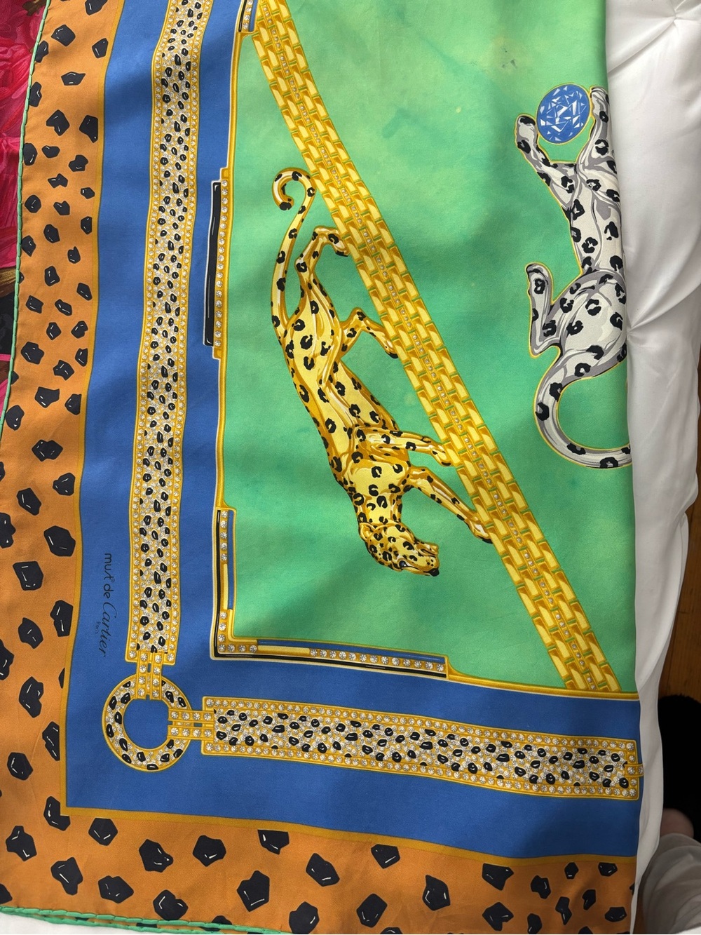 Cartier "Must de" Line Silk Scarf in Green, Blue & Orange, Vintage. Callouts. - Picture 5 of 11